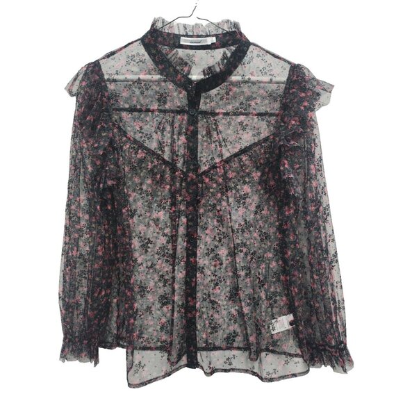 Inmod Tops - Inmod Womens Blouse Top Large Black Floral Ruffle Sheer Long Sleeve Whimsygoth